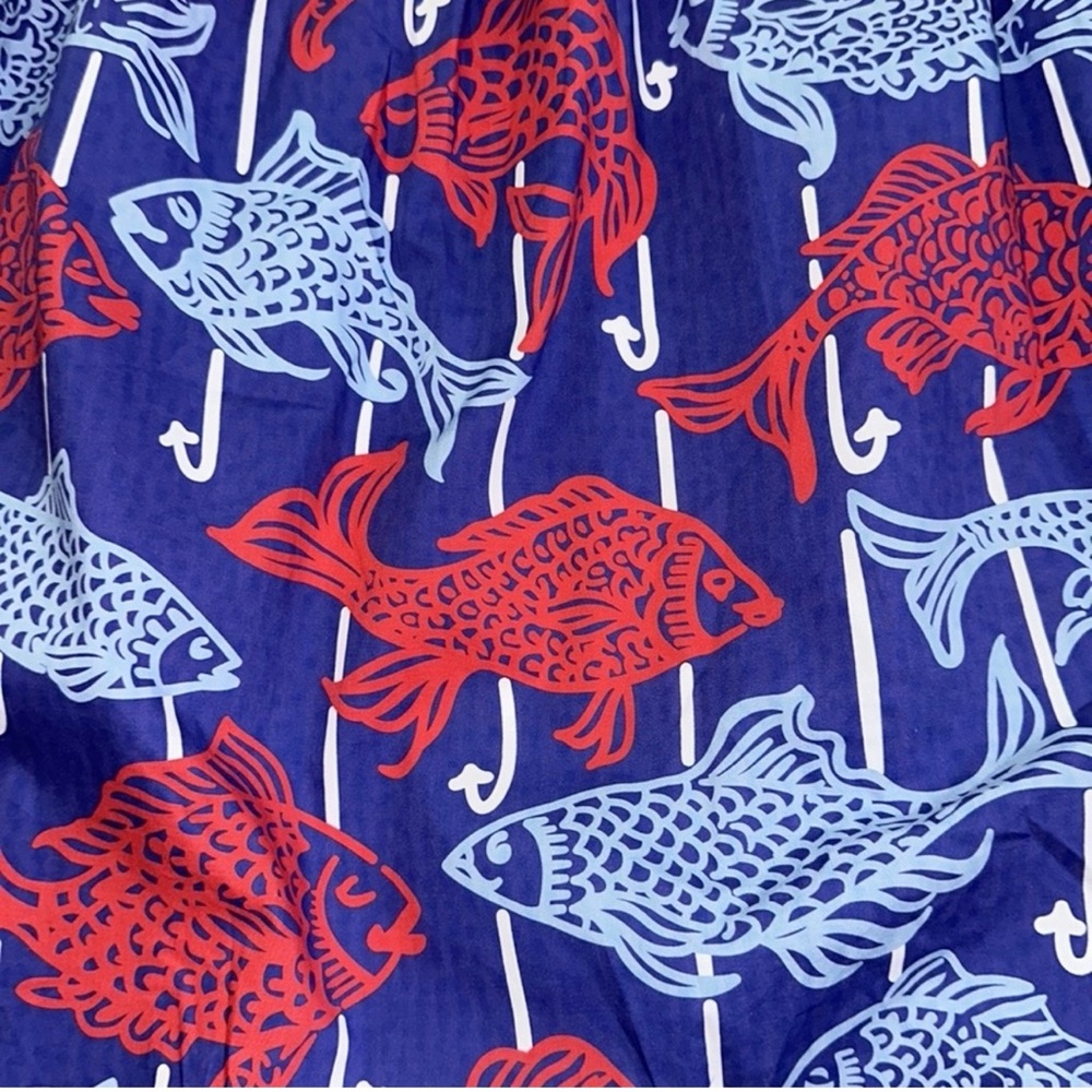 🆕 Classic Prep Hadley Mid-Dress. Fish Print. Smock Top with Tie Straps. Cotton - Picture 9 of 10